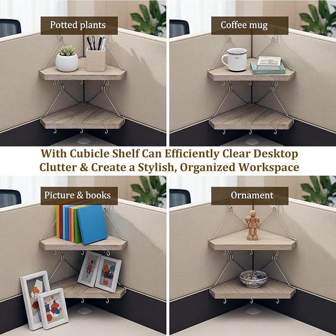 Fabric Wall Cubicle Corner Shelf with Hooks – 3 Pack Wooden Organizer Storage Shelf with Hangers Cubicle Accessories for Work Decor Ideal for Desk, Office Shelves for Women Men