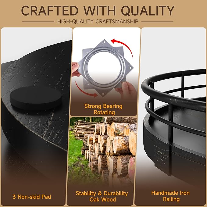 9" Oak Bathroom Vanity Tray Turntable for Perfume Candle, Round Wooden Decorative Tray for Kitchen Sink Countertop Organizer, Bathroom Counter Organizer for Skincare Makeup, Farmhouse Black Gold