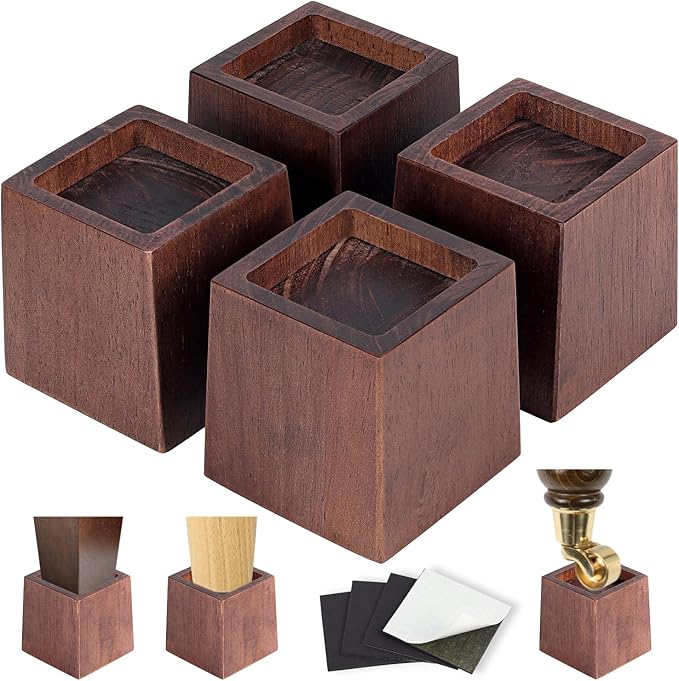 3 Inch Height Heavy Duty Wood Bed Risers – 4 Pack Wood Furniture Risers Extenders for Bed, Sofa&Table, Support Up to 2200lbs, Non-Slip Recessed Hole Furniture Lifts for Storage (Retro Brown Color)