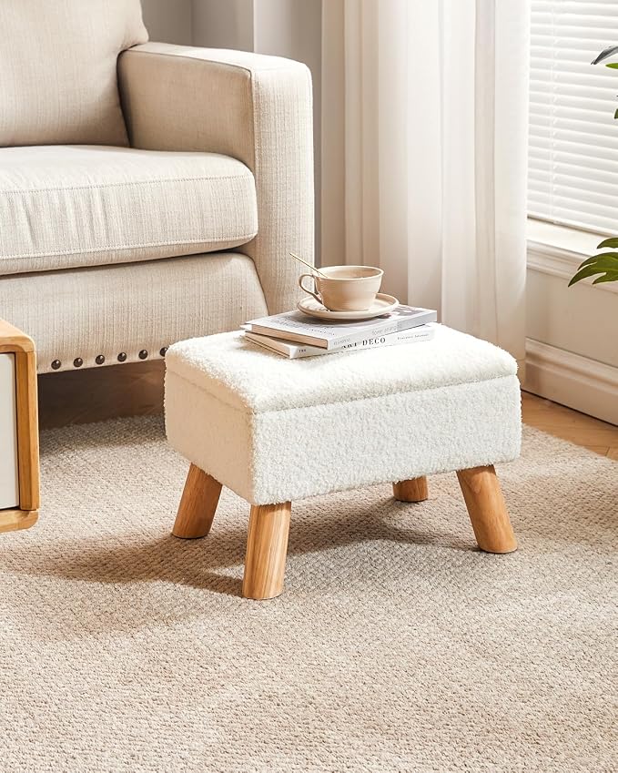YMYNY Storage Ottoman, Small Foot Stool Ottoman with Storage, White HBD042W | Teddy Velvet, Sturdy Wood Legs, For Living Room Bedroom Couch Entryway