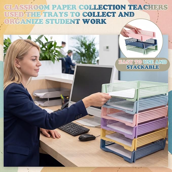 Weysat 12 Pcs Turn in Trays Classroom, Stackable Paper Tray for Classroom Organization Plastic Desk File Organizer Bin Basket for Library Drawer Teacher Office Document Storage (Morandi Pastel,Narrow)