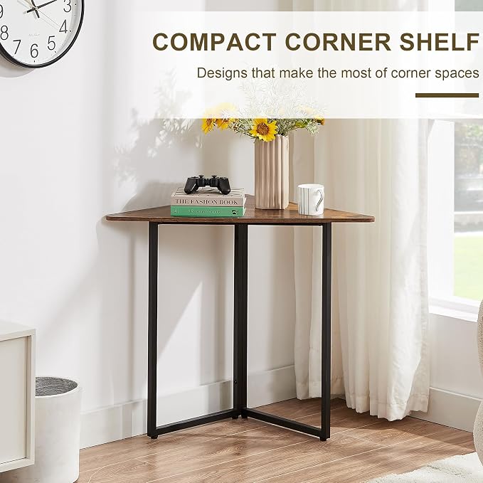 VECELO Ϲоrnеr Shelf, End/Side Tables Ϲоrnеr Computer Desk Storage Shelf for Small Space Triangle Steel Frame Ϲоrnеr Shelves with Metal Frame, Living Room, Bathroom, Brown 31.1"