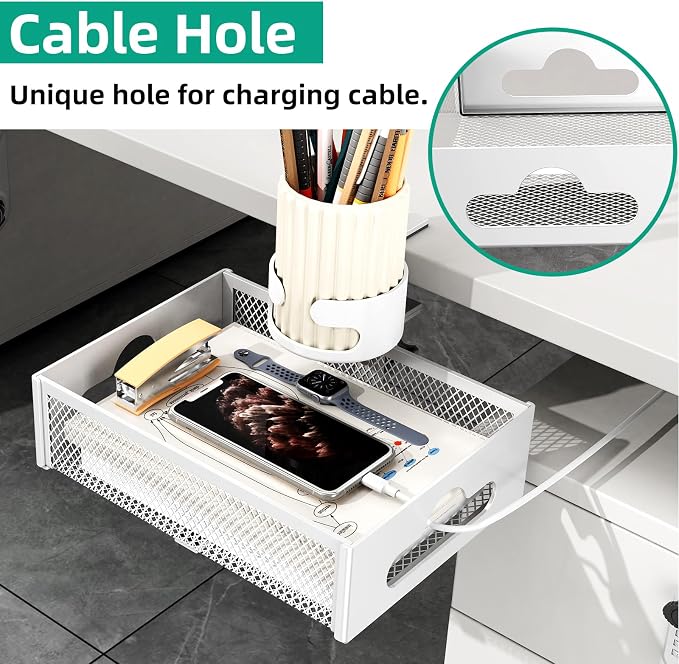CABTE Desk Cup Holder with Drawer Organizer, Anti-Spill Clip-On Table Cup Hook with 360° Rotation Hidden Storage Box for Office Home Gaming Table (White)