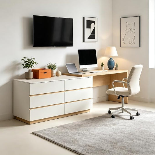 Retractable L-Corner Computer Desk with 6 Organizer Drawers for Games, Make-up, Home Office, Log