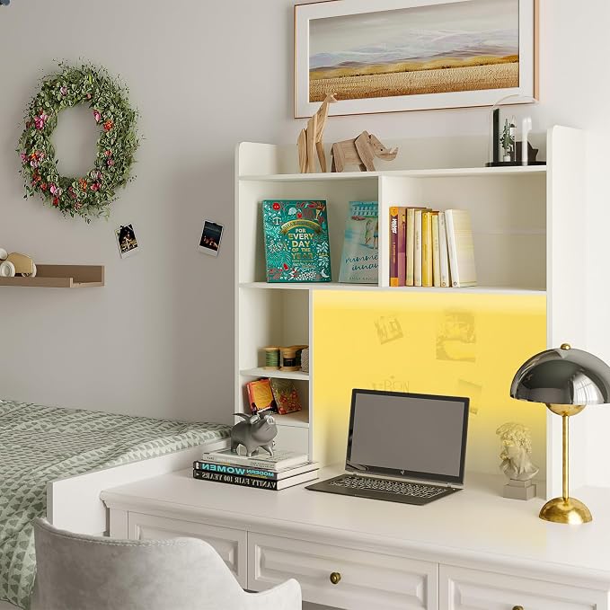 ChooChoo Desktop Bookshelf with Lights, 36.4" Tall Countertop Desk Hutch with 5 Shelves and 1 Drawer for Computer Desk, Desk Shelf Organizer for Dorm Office Home,White