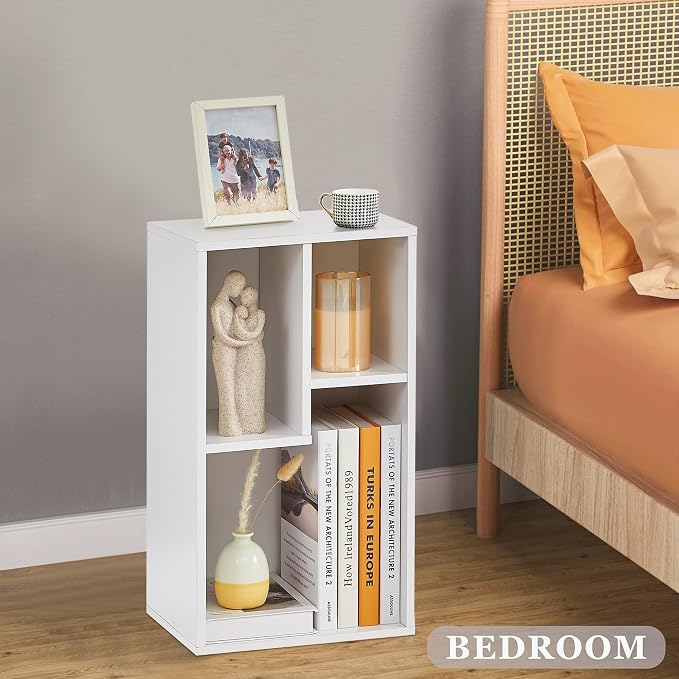 VECELO 11.8" Open Bookshelf, Waterproof Particle Board Asymmetrical Split Cubby Storage Organizer, White Uneven Compartment Display Cube for Tall Books, Bedroom Dorm Office