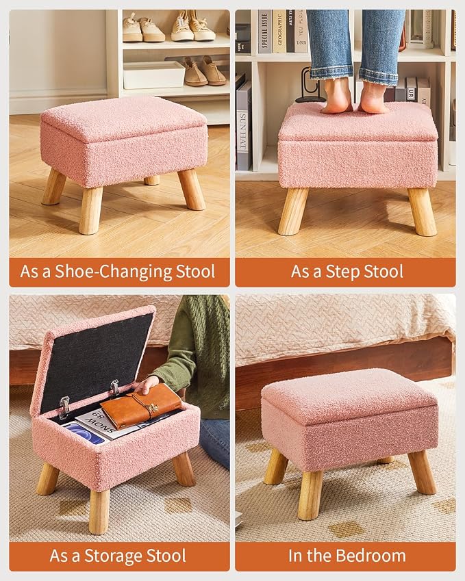 YMYNY Storage Ottoman,Small Foot Stool, 15.75"×11.81"×11.02" Pink,HBD042P | Teddy Velvet ,Sturdy Wood Legs, Foot Stool with Padded Seat, For Living Room Bedroom Couch Entryway