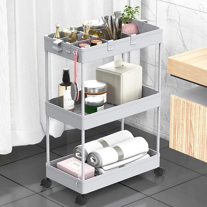 SPACELEAD 3 Tier Rolling Cart with Wheels, Storage Craft Art Trolley Organizer Serving, 3 Hanging Baskets Easy Assembly, for Office, Living Room, Kitchen, Gray
