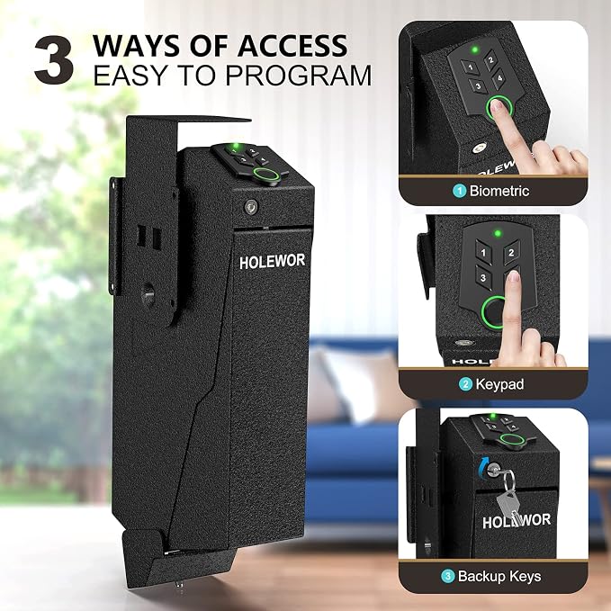 HOLEWOR Gun Safe, Biometric Gun Safe for Handgun Drop Down Pistol Safe Mounted Single Handgun Safe with Fingerprint, Passcode, Key Access for Nightstand, Desk, Bedside