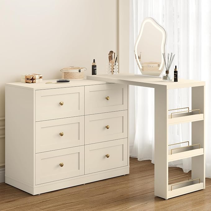 FansaFurn 67" Extendable Makeup Vanity Desk with 3 Side Shelves, L-Shaped Vanity Table and Dresser Combo with 6 Drawers, Modern Dressing Table for Bedroom, Dressing Room, Beige