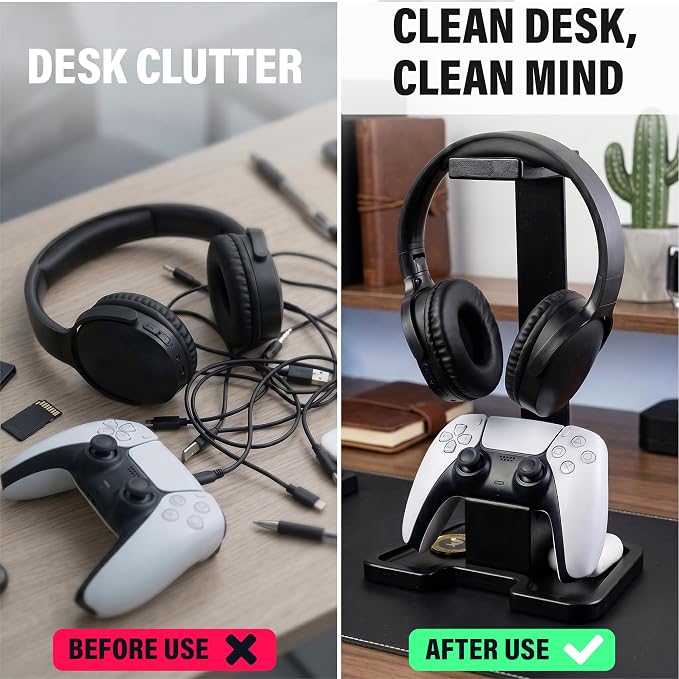 Gaming Accessories Headset Stand with Game Controller Holder & Storage Base, Stylish Gamer Gifts for Men Teenage Boy Headphone Stand, Unique Gifts for Gamers to Organize Gaming Equipment (Black Wood)