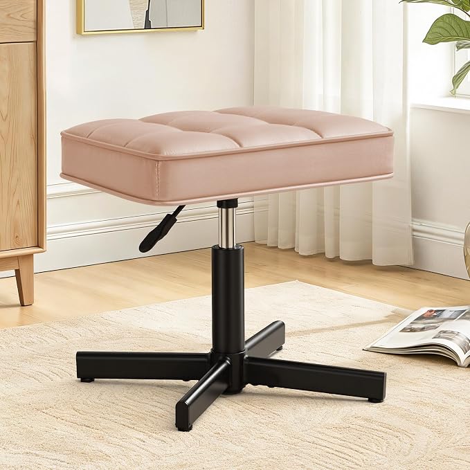 LUE BONA Adjustable Vanity Stool, 15''-19.5'' Foot Rest Under Desk, 360° Swivel Vanity Chair for Makeup Room, Rose Gold Upholstered Faux Leather Ottoman for Bathroom & Living Room, 300lbs