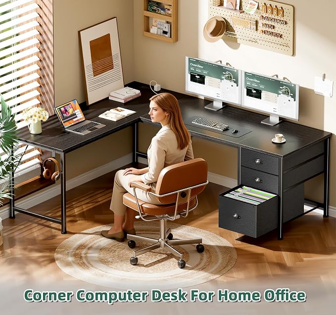 Furologee 63" L Shaped Desk with Power Outlets & USB-C Port, Reversible Corner Computer Desk with 3 Fabric Drawers, Hooks, Large Home Office Desk for Gaming, Writing, Work, Black