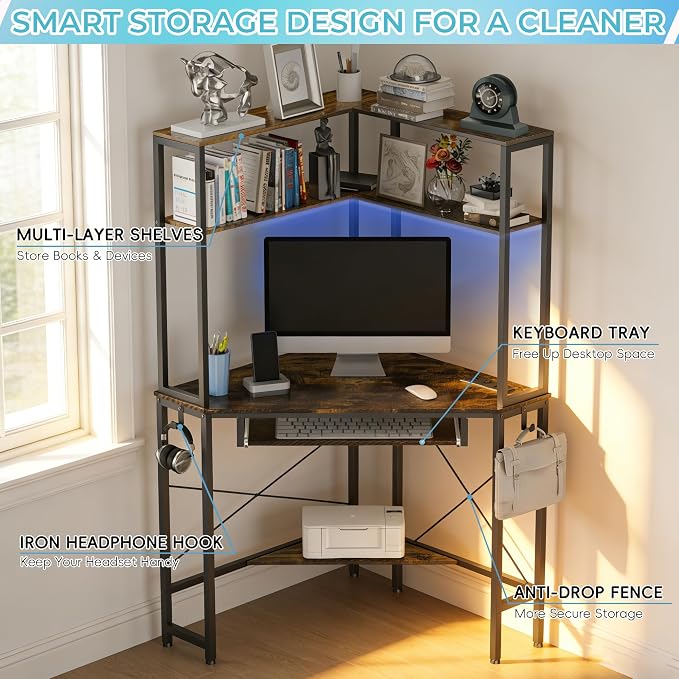 Corner Desk with Hutch and LED Lights, Corner Computer Desk with Keyboard Tray and Monitor Stand, Small Computer Desk for Small Spaces, Home Office（Rustic Brown）