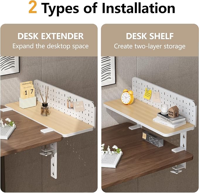 3 in 1 Clamp-on 22"×7.5" Desk Extender, Heavy-Duty Side/Top Desk Organizer Shelf, Adjustable Desktop Storage for Office Accessories, Monitor and Laptop Riser, Pegboard Included