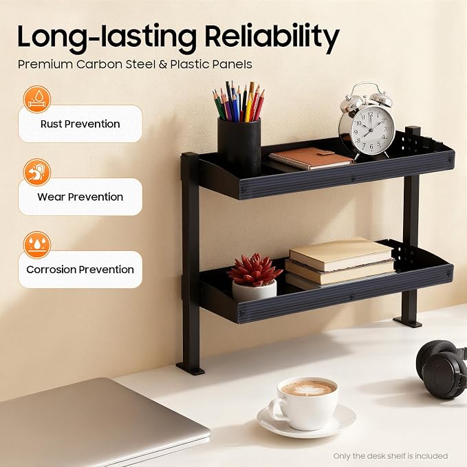Clamp On Desk Shelf, Heavy Duty Above Desk Shelves, Under Desk Wire Management with Desk Extension Side Table, Desk Add on Shelf Clamp Table for Gaming Desk Organization
