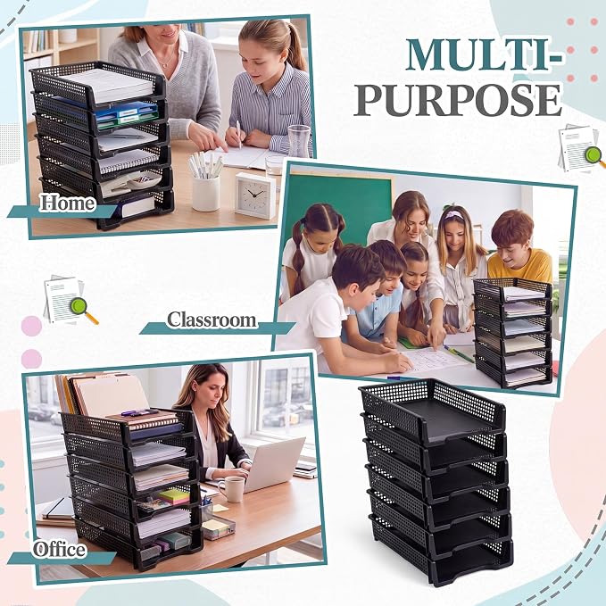 Geetery Set of 12 Plastic Trays for Teachers Turn in Trays Classroom Stackable Paper Tray Plastic Classroom Teachers Desk Letter Organizer Storage Baskets for Office, Desk, Home (Black)