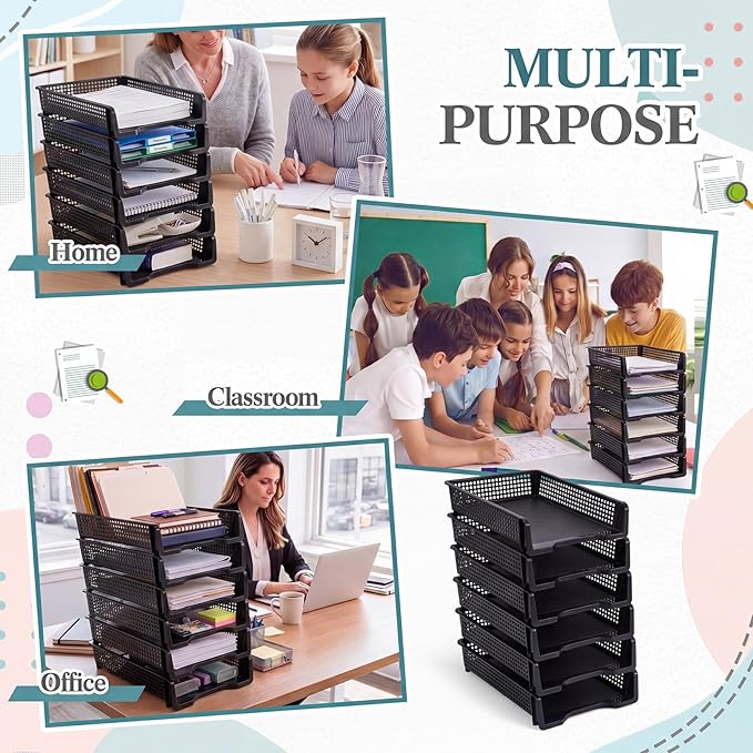 Geetery Set of 6 Plastic Trays for Teachers Turn in Trays Classroom Stackable Paper Tray Plastic Classroom Teachers Desk Letter Organizer Storage Baskets for Office, Desk, Home (Black)