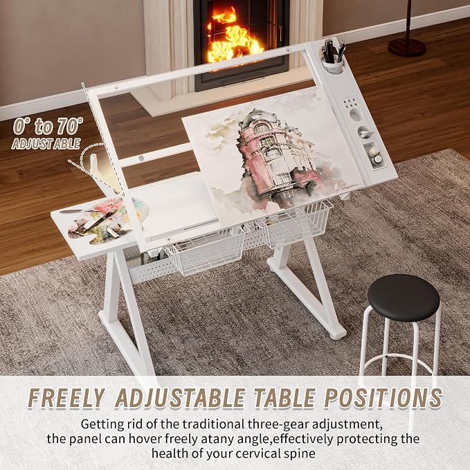 Hand Crank Adjustable Drafting Table with Tempered Glass Top, Height Adjustable Art Drawing Desk with Metal Drawers, Slide-Up Pencil Ledge & Stool, Drafting Desk for Home Studio Office