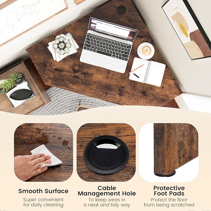 LDAILY Moccha Corner Desk, Space-Saving Triangle Computer Desk with Storage Shelves and Cable Holes, Multi-Functional Makeup Vanity Table for Bedroom, Writing Desk for Small Spaces Office Bedroom