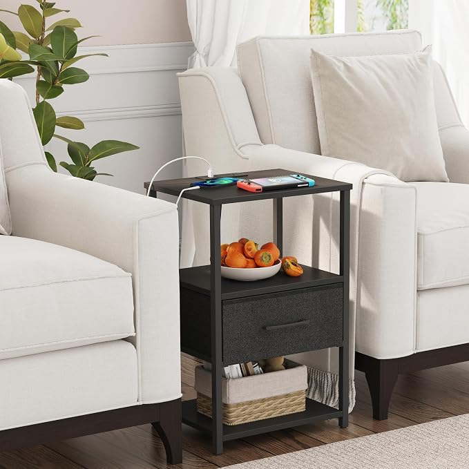 TUTOTAK Nightstand Set of 2, Night Stand with Charging Station, End Table, Bedside Table with Fabric Drawer, Side Table for Livingroom and Bedroom, Black TB01BK0692