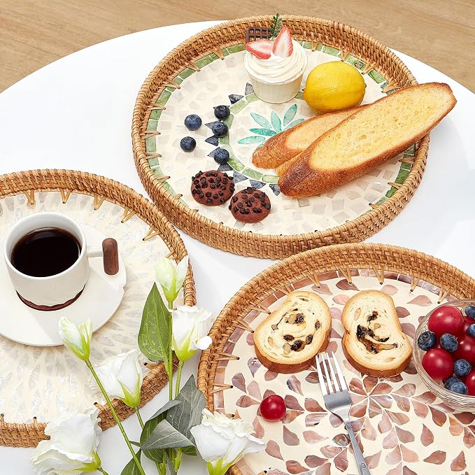 Kmelep Round Rattan Tray with Mother of Pearl Inlay, Rattan Serving Tray with Wooden Base, Decorative Wicker Basket for Table Decor, Storage and Display of Coffee Bread Food Fruit (Wicker)
