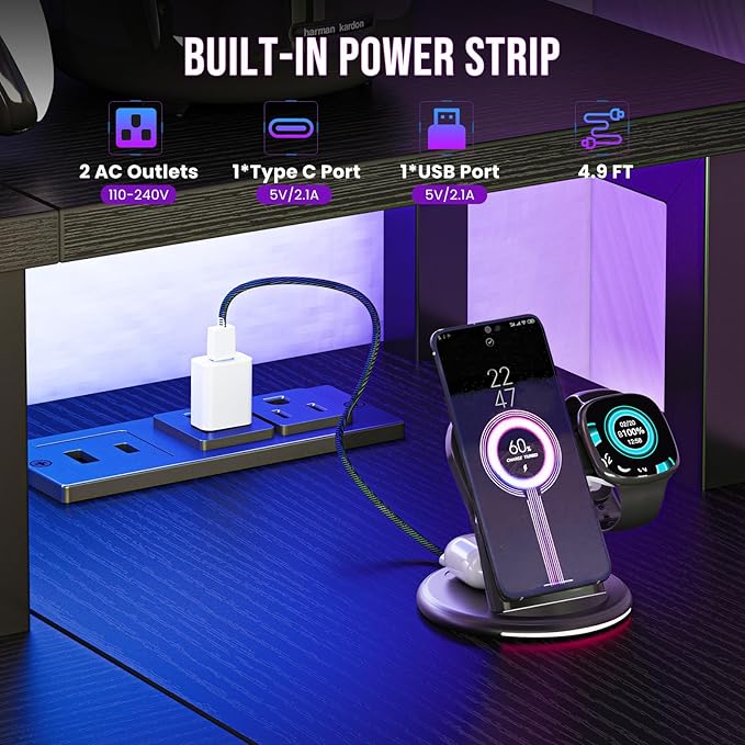 DUMOS 53" Gaming Desk with USB Charging Ports & LED Lights, Reversible L-Shaped Corner Computer Table for Small Spaces, Power Outlets, Monitor Stand & Storage Shelves Included, Modern Black