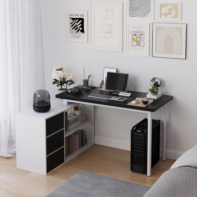 Mekminop L Shape Small Desk - Computer Corner Desk with 3 Drawers and 2 Shelves, 53 inch Home Office Table with Storage Cabinet for Gaming Writing Study, White+Black