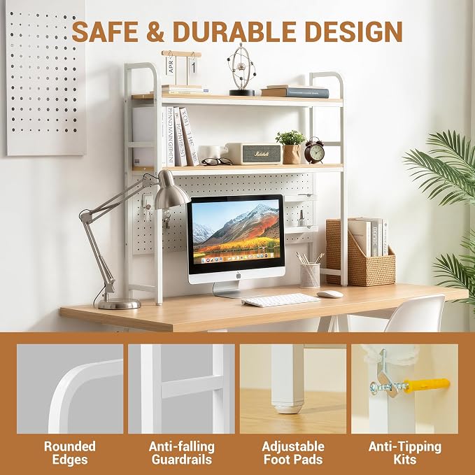 deli Desktop Shelf, Desk Hutch with Grid Panel, Desktop 2-Tier Display Rack, Multipurpose Metal Desktop Bookshelf Storage Organizer, White