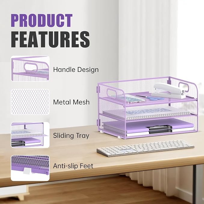 DALTACK 3 Tier Paper Organizer with Handle, Mesh Metal Desk Organizer with Sliding Paper Trays for Letter/A4 Paper, Mail, Bills & Folders, Purple