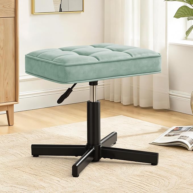 LUE BONA Adjustable Vanity Stool, 15''-19.5'' Foot Rest Under Desk, 360° Swivel Vanity Chair for Makeup Room, Green Upholstered Faux Leather Ottoman for Bathroom & Living Room, 300lbs
