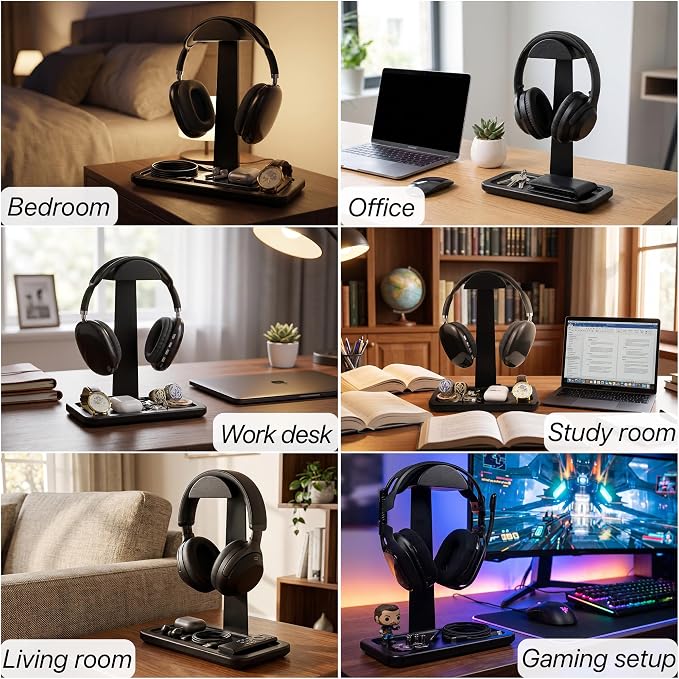 Gift for Men Headphone Stand with Storage Base, Stylish Headset Holder Gamer Gifts for Gaming & Desk to Keep Accessories Organized, Unique Gifts for Teenage Boy Brother on Birthday (Black Wood)