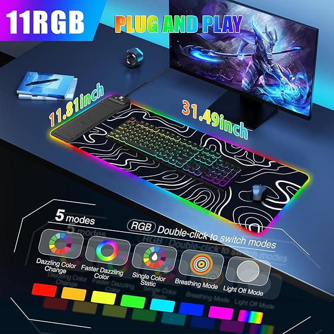 RGB Mouse Pad with Foldable Phone Stand Wireless Charger, 31.5"x11.8" XL Gaming Mousepad Large Desk Mat, Desk Pad with 11 Colors 5 Modes, Waterproof