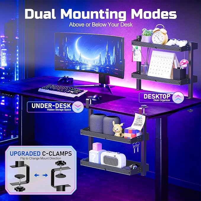 2-Tier Clamp On Desk Shelf, 17 inch Adjustable Desk Organizer with Hooks, Heavy Duty Desk Storage Shelves Holds 44 lbs, No Drill Desktop Shelf for Home Office, Gaming & Desk Accessories