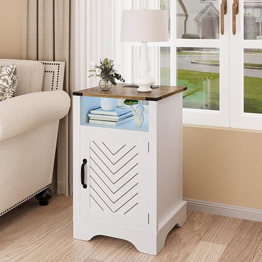 RoyalCraft 25" Tall LED Nightstands with Charging Station, Farmhouse Nightstand for Bedroom, Wooden Rustic Side Table, White End Table with Storage, White and Rustic Oak