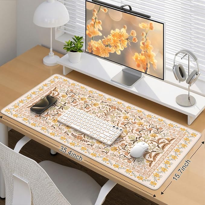 iCasso Desk Matt for Desktop, Cute Desk Pad Mat, XXL Large Mouse Pad, Anti-Slip Big Mousepad with Stitched Edges, Keyboard Pad Mouse Mat for Computer (Yellow Floral)