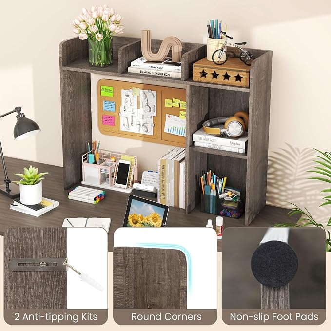 Giantex Desktop Bookshelf, Wood Desk Hutch Organizer for 27 Inch Computer Monitor, Countertop Storage Display Rack with 5 Shelves, Multipurpose Desktop Shelf Bookcase for Dorm Office Home (Grey Oak)