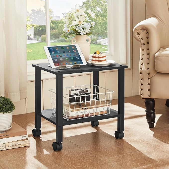 YUFAM 2 Tier Printer Stand with Storage,Under Desk Shelf Printer Table, Rolling Printer Cart for Office,Home,Black