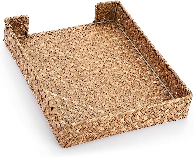 BTSKY Multipurpose A4 File Tray Natural Seagrass Desk Tray Organizer Woven Letter Size Desk Documents Trays Magazine Files Storage Basket Organizer Bin for Office Cosmetics Bathroom, Caramel