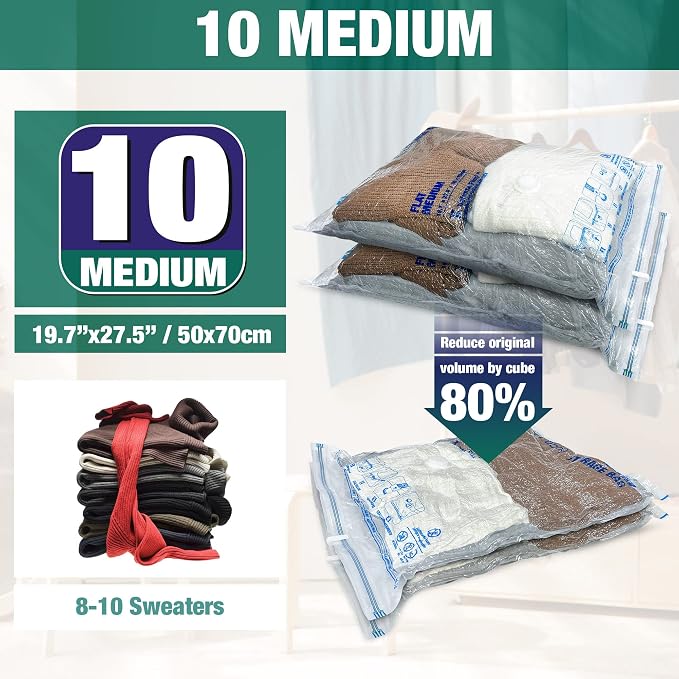 Vacuum Storage Bags, 10 Medium Space Saver Vacuum Seal Bags, Space Bags, Vacuum Sealer Bags for Clothes with Travel Hand Pump (10M)