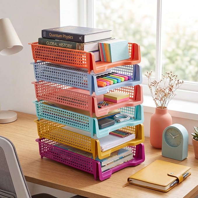 Geetery Set of 6 Plastic Trays for Teachers Turn in Trays Classroom Stackable Paper Tray Plastic Classroom Teachers Desk Letter Organizer Storage Baskets for Office, Desk, Home (Wildflower Color)