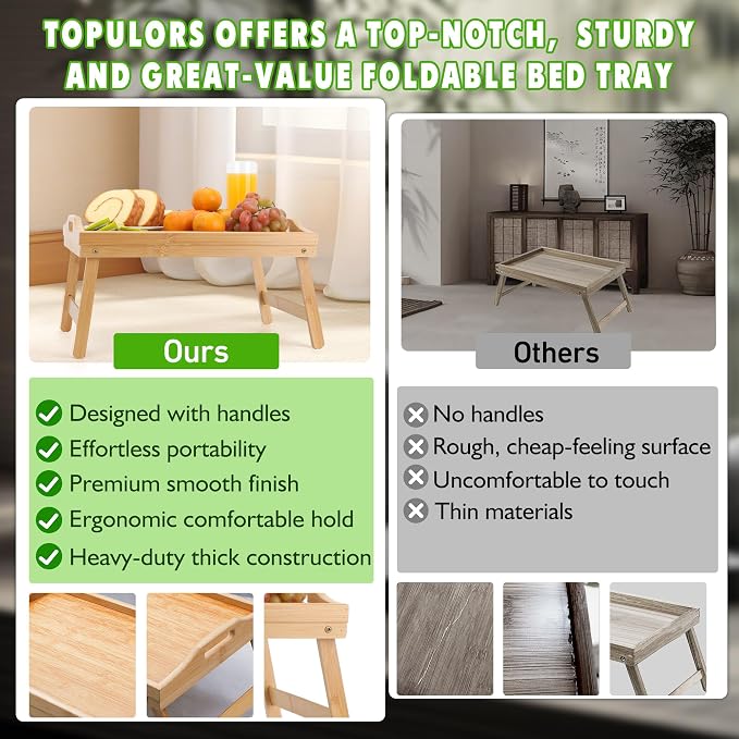 TOPULORS Breakfast in Bed Tray with Folding Legs, 15.7x11.8 Bamboo Lap Tray, Foldable Bed Table for Eating, Working, Tablet & Laptop Stand, Snack Tray with Handles for Adult and Kids, Serving Tray