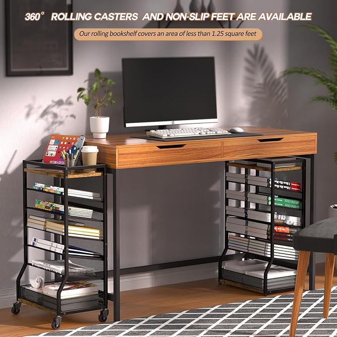 ThreeHio 7 Tier Rolling File Cart with Sliding Trays, Wood Metal File Organizer Beside Desk, Free-Standing File Holder, Paper Letter Tray Organizer Mesh Desk Organizer for Home Office School (Patent)
