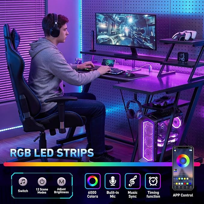 Korfile 47 Inch Gaming Desk with LED Lights & Power Outlet, L Shaped Computer Desk with Storage Shelves, Gamer Workstations with Monitor Stand for Bedroom, Carbon Fiber Black