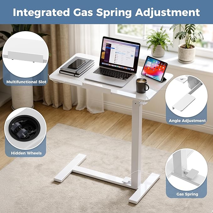 DUMOS Adjustable Rolling Desk, Mobile Overbed Bedside with Hidden Wheels, Portable Laptop Standing Desks Computer Workstation for Bed Sofa Couch, Milk