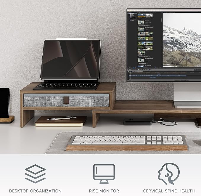 Fenge Computer Monitor Riser Stand with Drawer for 2 or 3 Monitors ,Adjustable Length and Angle Desktop Laptop Stand,Office Organizer,Printer
