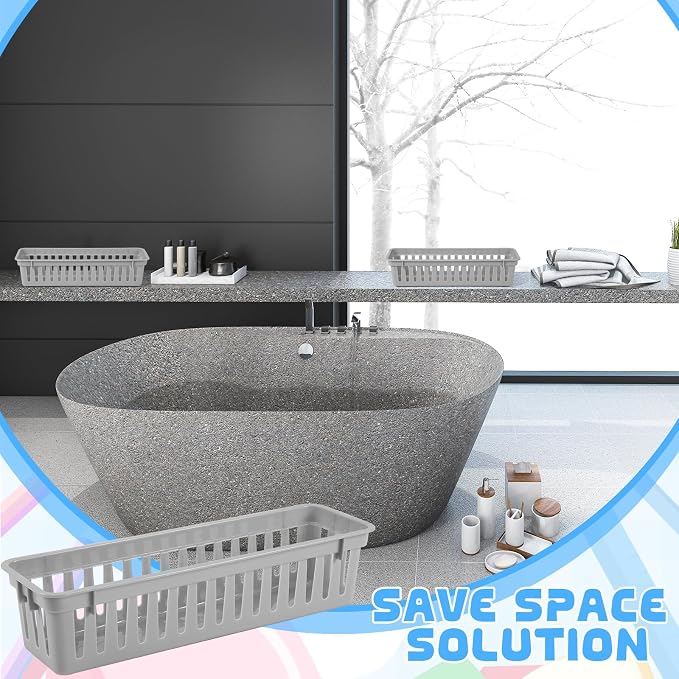 12 Pcs Gray Slim Plastic Storage Baskets Tray 10 x 3 x 2.5 Inch Compact Stackable Desk Organizer for Office, Classroom, School Supplies, and Home Storage, Organization(Gray)