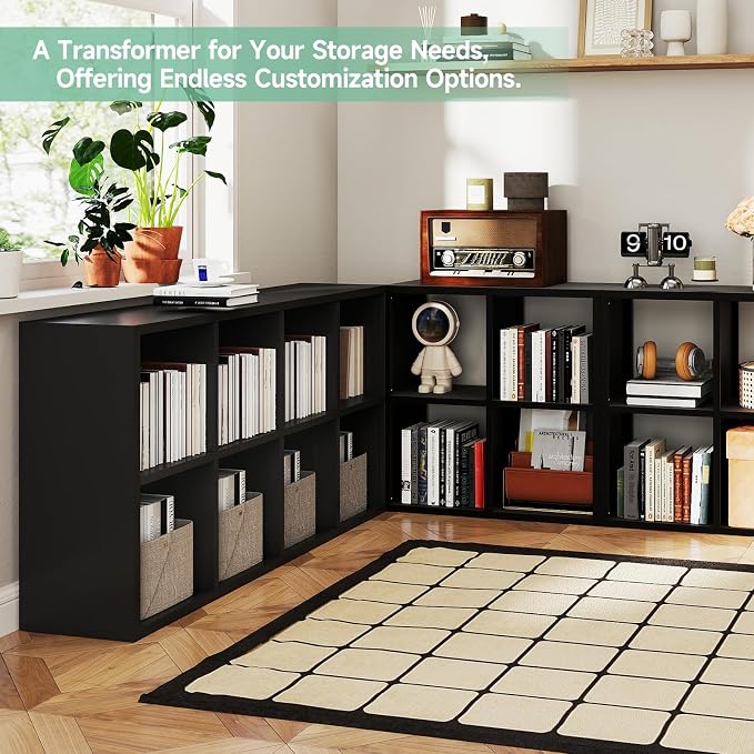 IRONMIX Metal Cube Storage Organizer, Short Bookshelf with Storage, 2 Tier Black Bookshelf Horizontal, Short Display Cabinet, Small Cube Bookcase TV Stand for Home Office Library (Black, 700+1037)