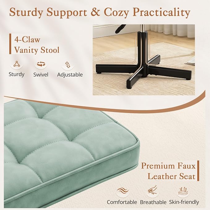 LUE BONA Adjustable Vanity Stool, 15''-19.5'' Foot Rest Under Desk, 360° Swivel Vanity Chair for Makeup Room, Green Upholstered Faux Leather Ottoman for Bathroom & Living Room, 300lbs