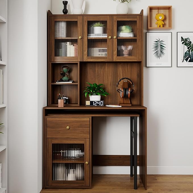 Computer Desk with Hutch and Rotating Desktop, Walnut Corner Study Desk with Glass Door Storage Cabinets and Fold Out Shelf for Home Office, Craft Cabinet with Fold Out Table (Walnut)